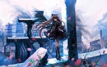 brunettes boots women video games blue clouds touhou wings ruins cityscapes dress flowers blue eyes Wallpaper